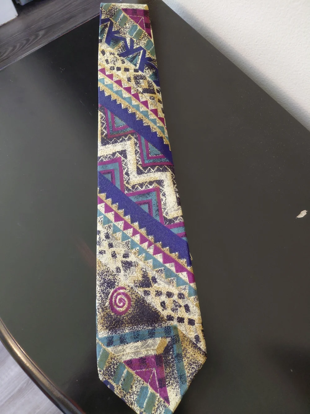 Dior Mens Geometric Purple Teal Gold Patterned Silk Tie